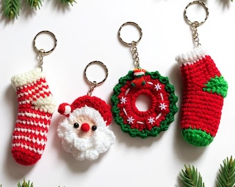 Handmade Crochet Christmas Keychain, Festive Santa Wreath Stocking Bag Charms, Holiday Ornament Gift for Her/Him