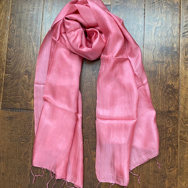 100% Pure Silk Scarf, Pink Mulberry Silk Shawl with Tassels, Long Silk Scarf for Women and Girls, Vietnam Silk Scarf