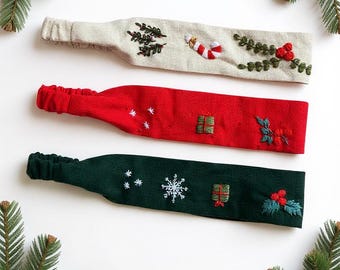 Handmade Christmas Linen Headband, Festive Embroidered Holiday Hair Accessory, Soft Turban Style Hair Band (Single Piece)