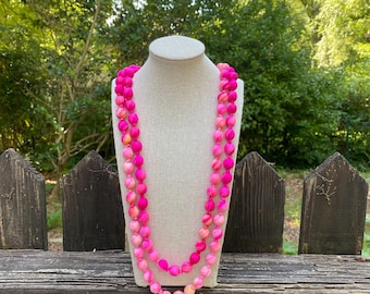 Long Pink Silk Beaded Necklace, Handmade Fabric Necklace for Women, Lightweight Jewelry, Silk accessories.