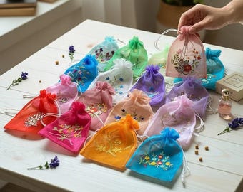 Organza Gift Bags, Flowers Embroidery Jewelry Pouches, Wedding Party Favor Gift Bags, Coin Pouches, Candy Bags, Seed Bags, Soap Bags, 6x8”