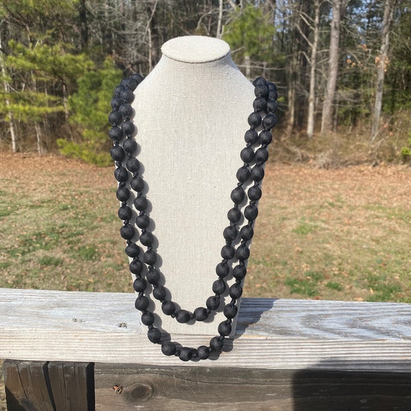 Long Black Silk Necklace, Black Silk Beaded Necklace