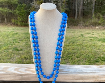 Collier de perles de soie bleu, long collier de perles de soie