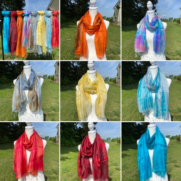 100% Silk Scarf, Pure Mulberry Long Silk Shawl, Mixed Color with Tassels