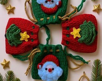 Handmade Crochet Christmas Mini Gift Bags, Festive Santa and Tree Drawstring Pouches for Holiday Gifting, Small Accessories & Gift Cards