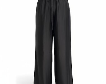 Black Satin Silk Pants for Women with Pockets, Female Elastic Waist Silk Trousers