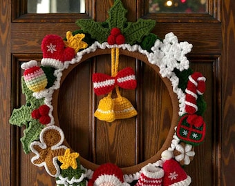 Corona navideña de ganchillo hecha a mano, adorno festivo para puerta, decoración navideña para el hogar estilo amigurumi, arte de pared invernal único, regalo de inauguración de casa