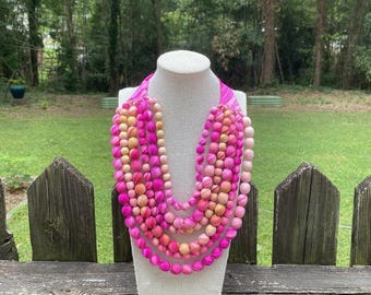 Multi-Strand Mixed Pink Silk Beaded Necklace, Handmade Silk Fabric Necklace for Women, Layered Silk Beaded Necklace.