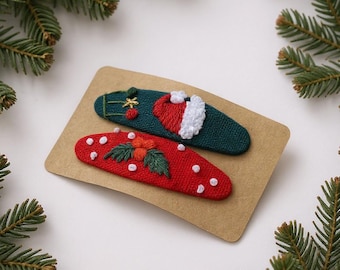 Hand Embroidered Christmas Hair Pins – Set of 2 Linen Hair Clips for Girls and Women, Xmas Personal Accessory Gift for Girls