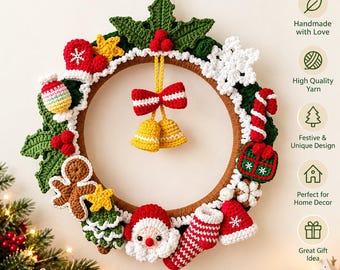Handmade Crochet Christmas Wreath, Festive Door Hanger, Amigurumi Holiday Home Decor, Unique Winter Wall Art, Housewarming Gift