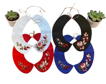 Hand Embroidered Detachable Linen Peter Pan Collar | Floral Removable Bib Collar for Women | Vintage Style Adjustable Neckpiece