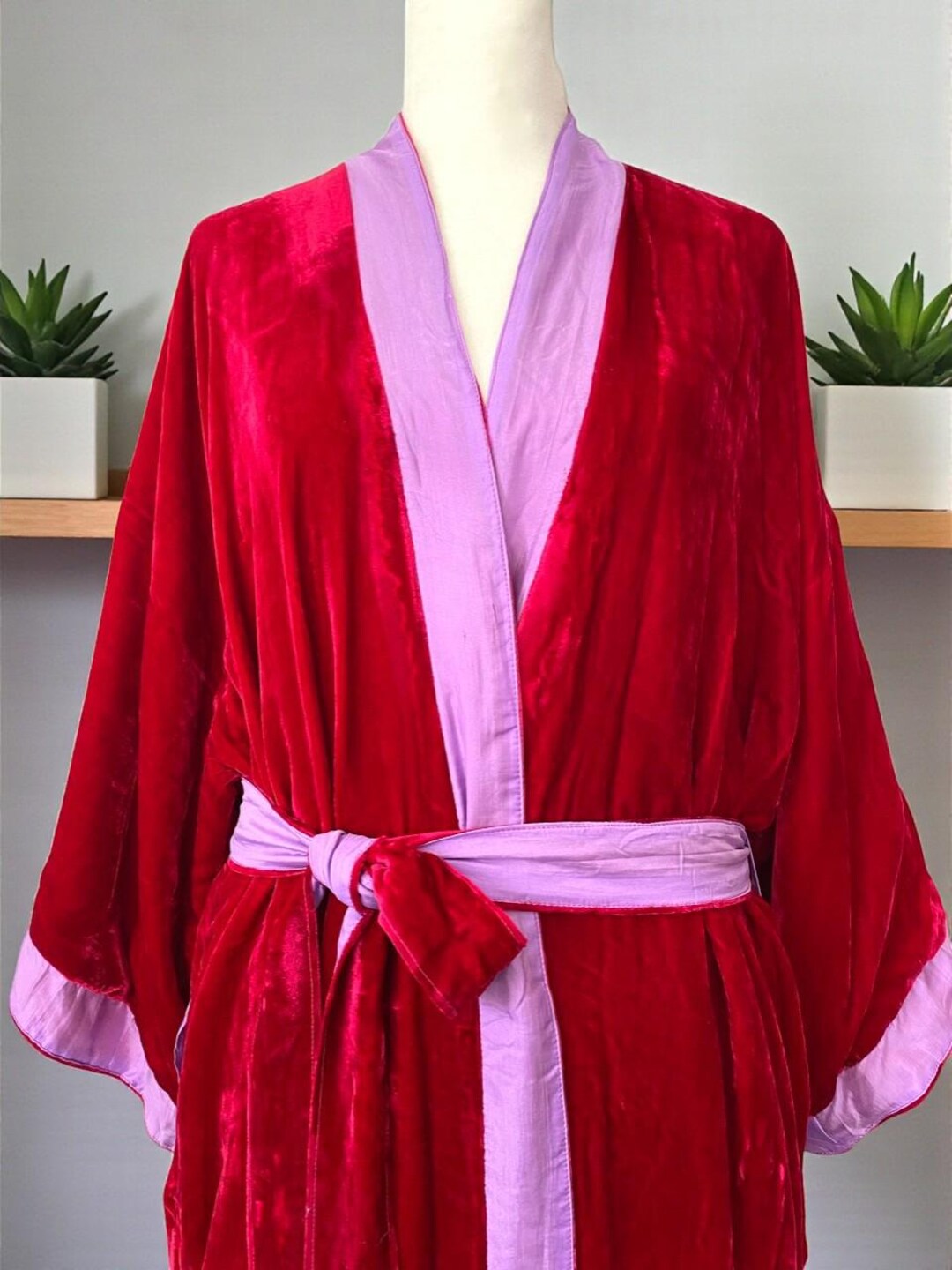 Pinkish Red Silk Velvet Robe, Reversible Silk Velvet Kimono for Women ...