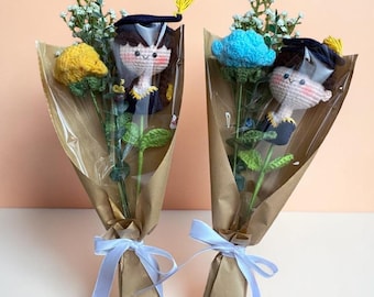 Handmade Crochet Graduation Bouquet with Graduate Doll & Everlasting Flowers | Personalized Class of 2026 Gift