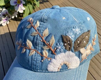 Hand Embroidered Wildflower Denim Hat, Vintage Style Blue Baseball Cap for Girls and Women, Botanical Garden Design, Gift for Nature Lover
