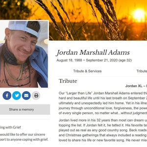 May include: A black and white photo of a man with a white baseball cap and a gold chain. The photo is on a website memorial page with the text "Jordan Marshall Adams August 18, 1988 - September 21, 2020 (age 32)" and "Tribute" above the photo.