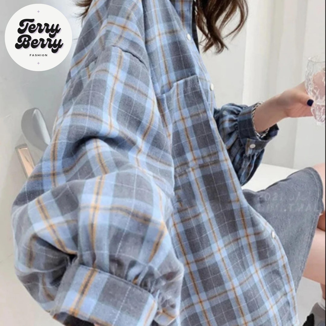 Korean Style Basic Plaid Blouses Women Oversized Harajuku - Etsy