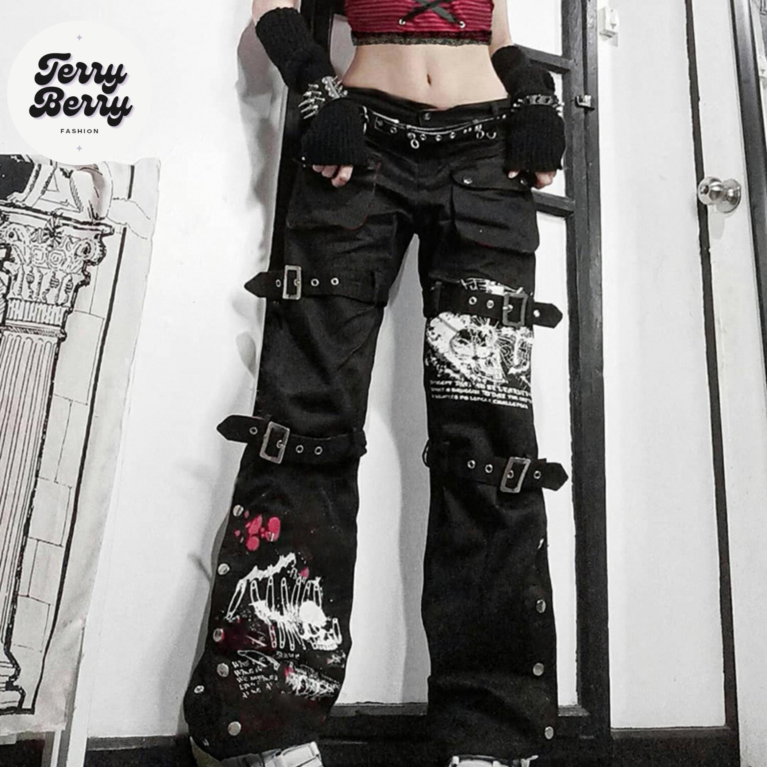 Goth Cargo Pants with Straps, Denim Punk Emo Pants with chains, Tripp prs  pants