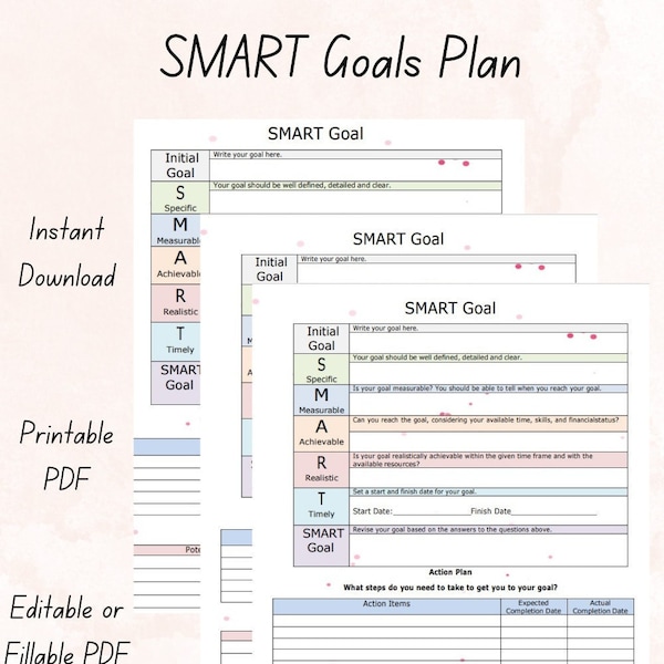 SMART Goals Template With Action Steps, pdf, SMART Goal Setting Worksheet Printable | SMART Goals Template | Instant Download Goal Tracker