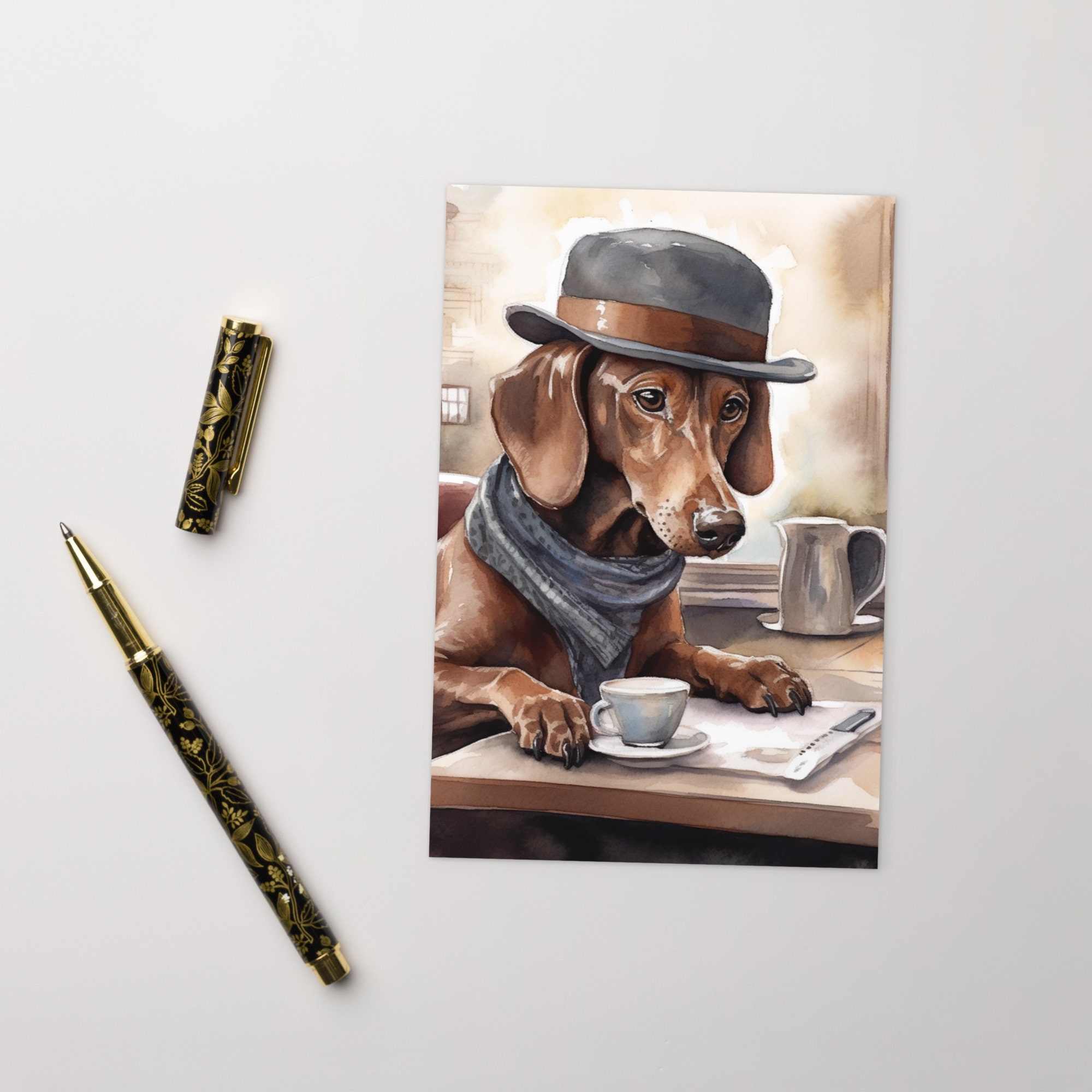 Dapper Dachshund at the Coffee Shop: Watercolor Postcard of a Top-Hat Doxie