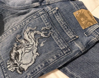 Vintage JNCO Jeans Flaming Skull 32 x 34 Wide Leg Skater Blue Denim 90s Y2K