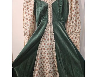 Vintage Gunne Sax Dress - Green Velvet, Calico - 1970s Vintage Gunne Sax Dress - Green Velvet, Calico - 1970s
