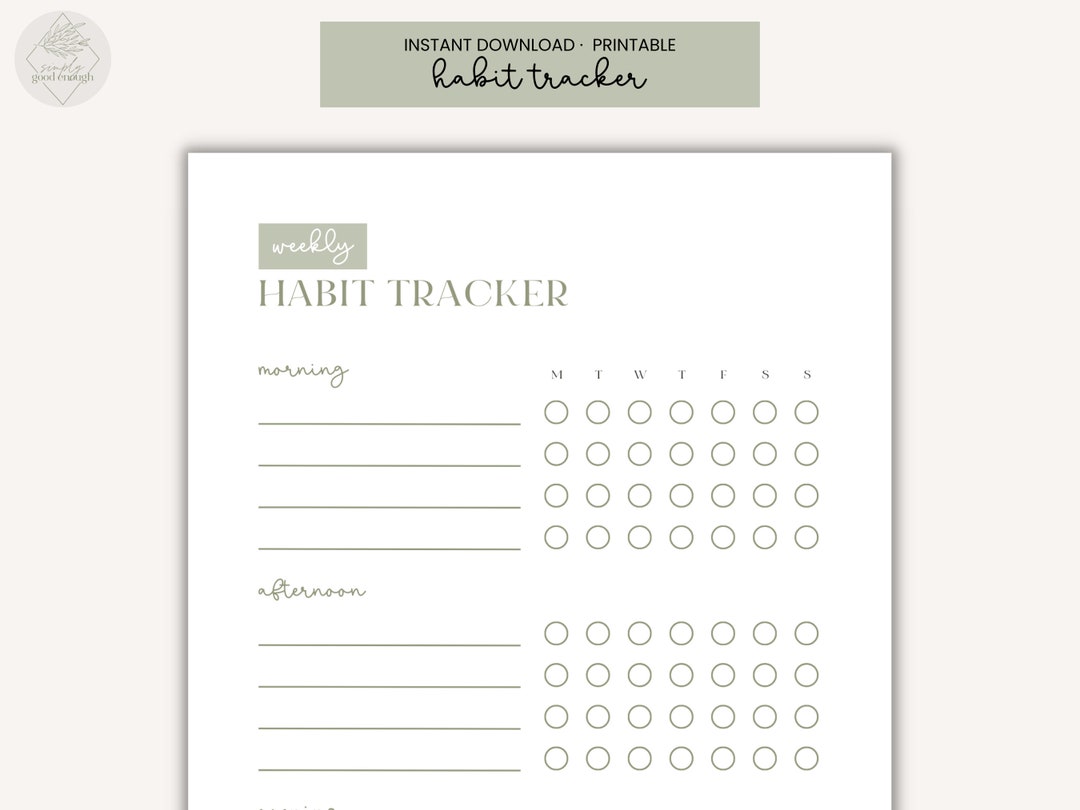 Sage Green Weekly Habit Tracker, Simple Weekly Habit Tracker, Printable