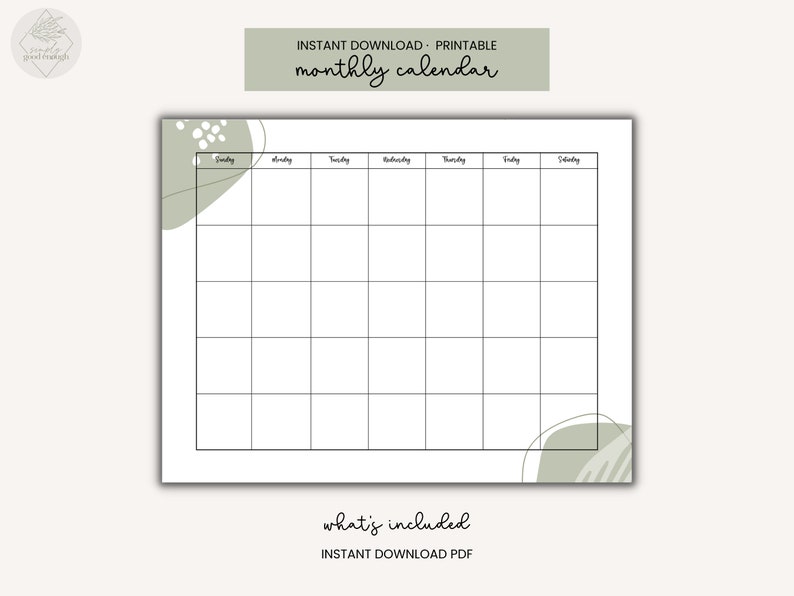 Sage Green Printable Calendar, Modern Printable Calendar, Household ...