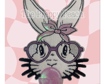 Please READ DESCRIPTION | Bunny Large Iron On Chenille Patch | Easter Bunny Chenille Patch | Bunny Bubblegum Chenille Patch with Sequins |