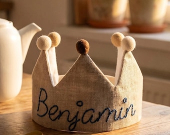 Personalized Hand-Embroidered Linen Birthday Crown for Kids -Custom Name Keepsake Party Hat for First Birthday
