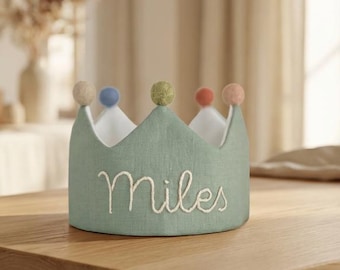 Personalized Hand-Embroidered Linen Birthday Crown for Kids -Custom Name Keepsake Party Hat for First Birthday