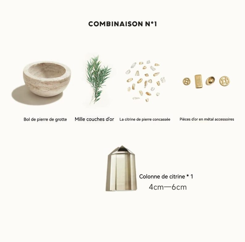 May include: A collection of natural elements and accessories, including a stone bowl, sprigs of greenery, small citrine stones, and gold-colored metal pieces. A citrine crystal column, 4cm to 6cm in height, is also featured. The text "COMBINAISON N&deg;1" is at the top.