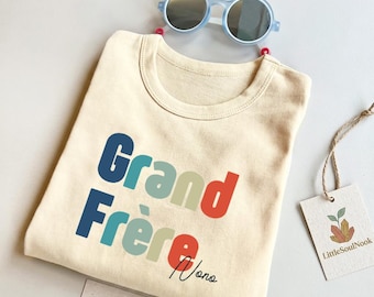Grand Frere Shirt | Big Brother Announcement Tee | Custom Big Brother Gift | Minimalist 100% Cotton Sibling Reveal Shirt | Boho Kids Tee