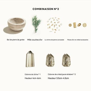 May include: An assortment of natural elements and accessories. Includes a stone bowl, sprigs of greenery, small golden metal pieces, and various crystals. The image also features text indicating the height of the crystals, ranging from 3.5cm to 6cm.