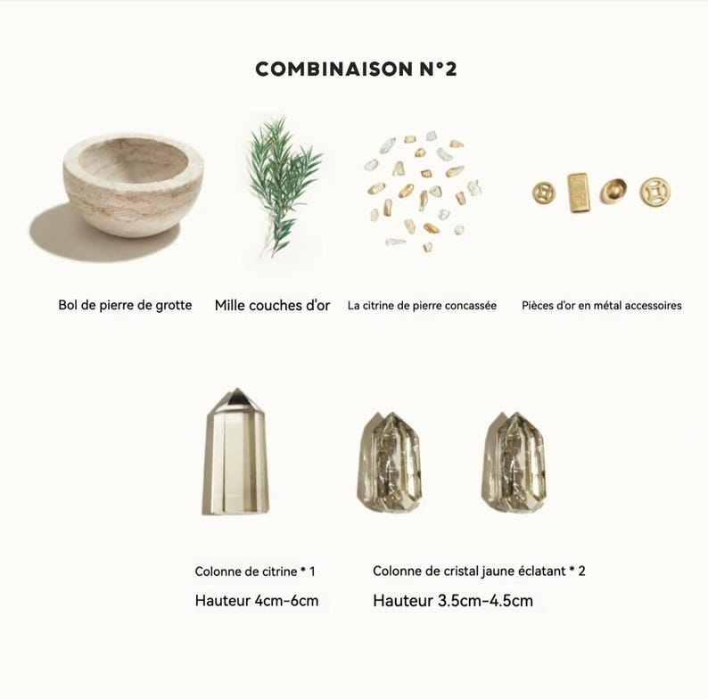 May include: An assortment of natural elements and accessories. Includes a stone bowl, sprigs of greenery, small golden metal pieces, and various crystals. The image also features text indicating the height of the crystals, ranging from 3.5cm to 6cm.