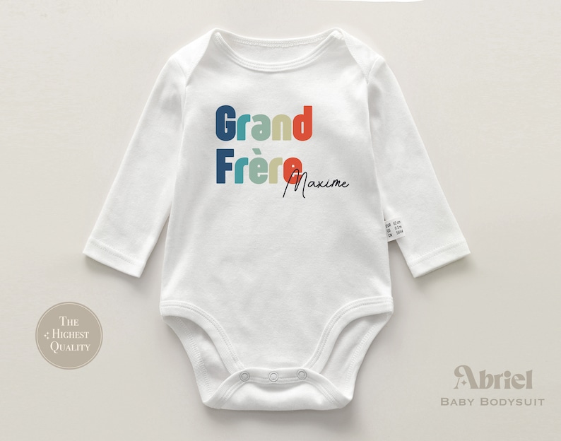 Grand Frère Toddler Shirt French Silbling Natural Infant Pregnancy Reveal Shirt Custom Big Brother Name Shirt image 4