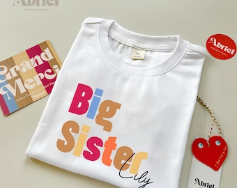 Camiseta personalizada de hermana mayor - Lindo traje para niños pequeños - Revelación de embarazo sorpresa - Amor entre hermanos - Camisa con nombre personalizado