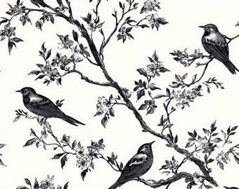 Elegantes Schwarz-Weiß-Blumenvogelmuster, nahtloser Druck für Stoffdesign und Tapetendekor