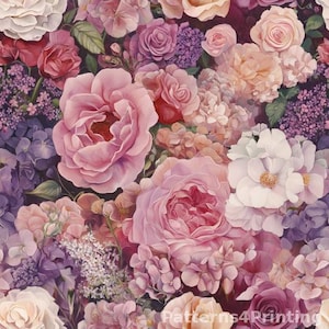 Floral Digital Pattern Print in Pastel Pink and Purple for Seamless Fabric Design and Wallpaper with Elegant Rose Blooms