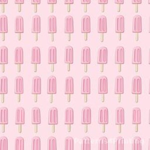 May include: A repeating pattern of pink popsicle illustrations on a light pink background. Each popsicle has a wooden stick and a rounded top. The popsicles are evenly spaced, creating a symmetrical design.