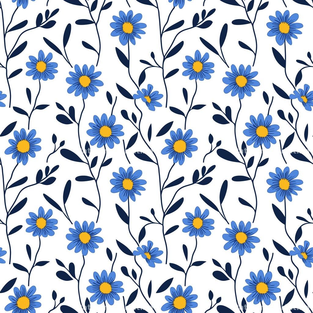 Delicate Floral Digital Pattern Seamless Print Blue Daisies With Yellow ...