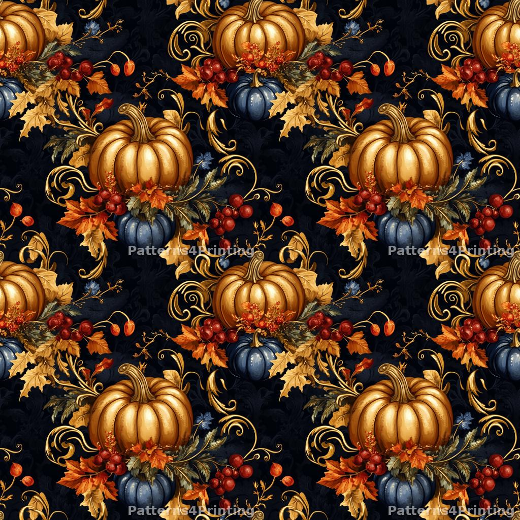 Elegant Fall Floral Digital Pattern Print With Pumpkins Deep Blue and ...