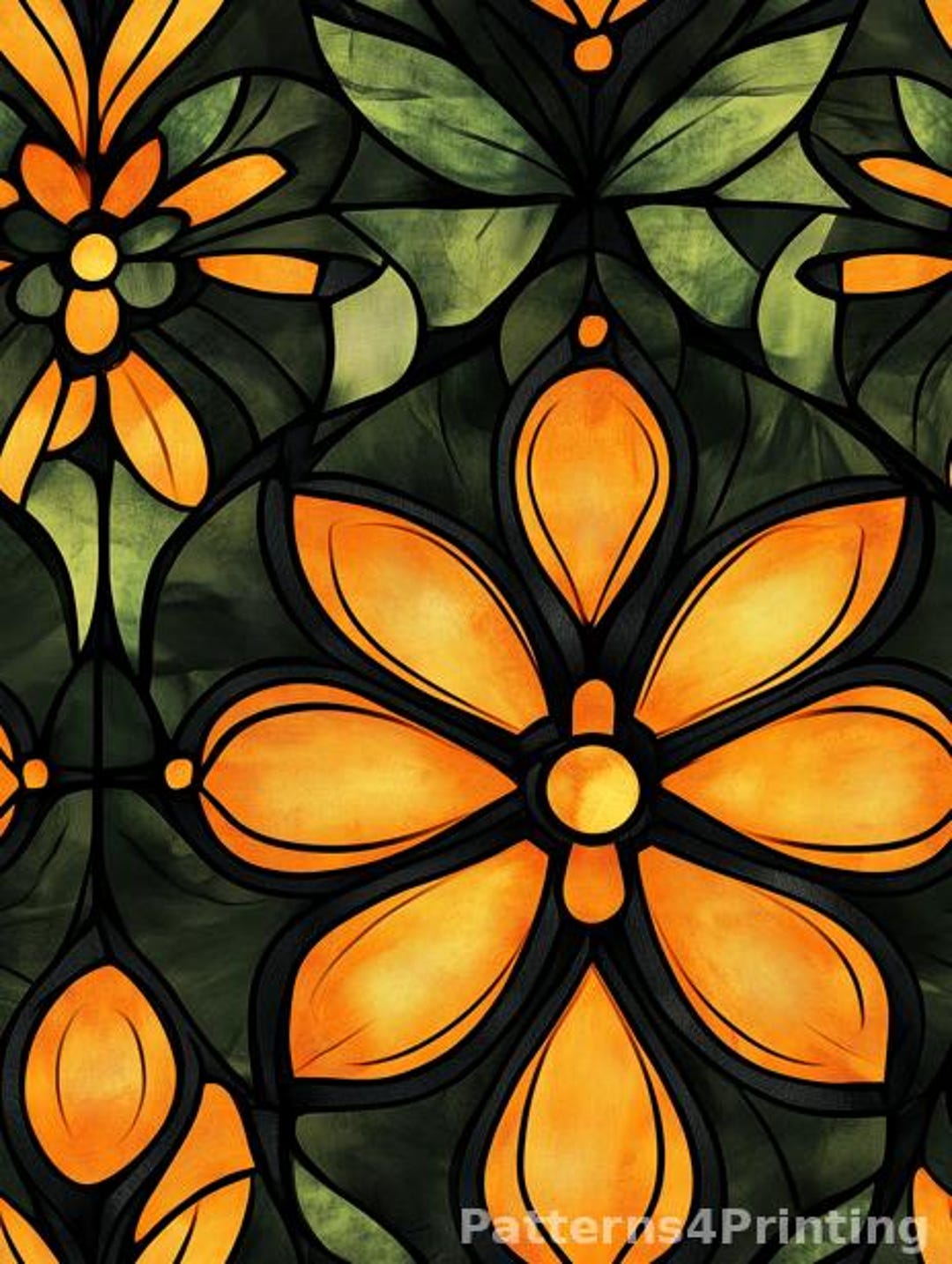 Stained Glass Floral Pattern Print With Vibrant Orange Flowers and ...
