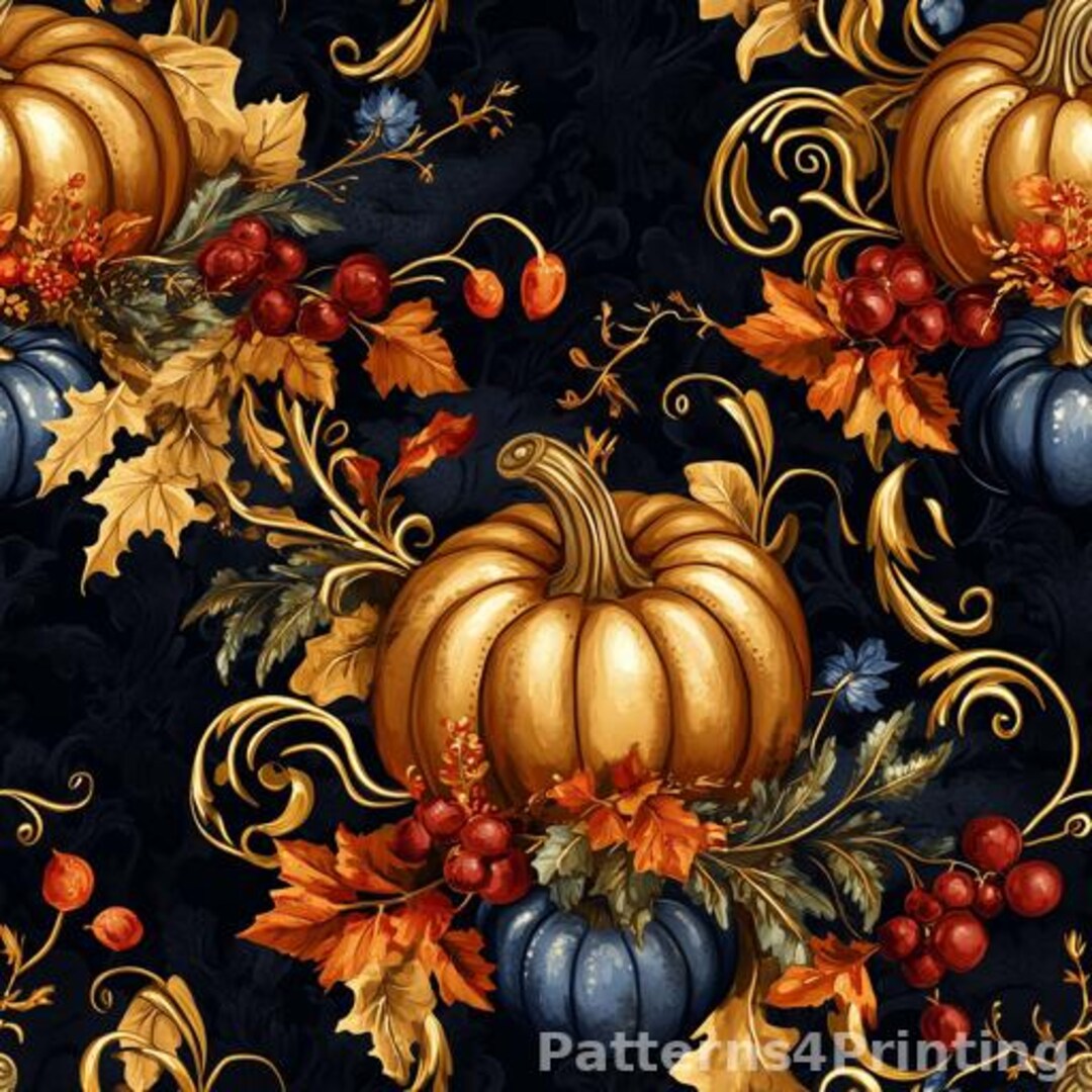 Elegant Fall Floral Digital Pattern Print With Pumpkins Deep Blue and ...