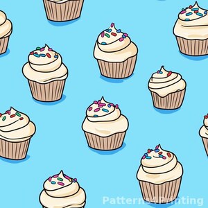 May include: A seamless pattern of cupcakes with white frosting and colorful sprinkles on a light blue background.