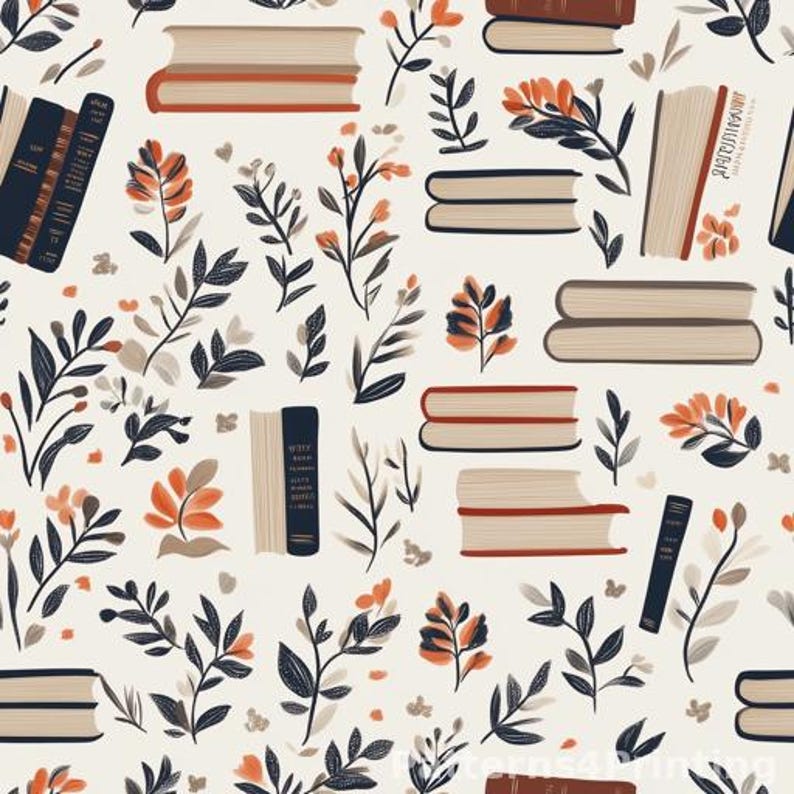 Floral and Book Pattern Digital Print for Creative Projects Seamless ...