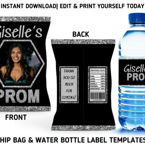 Black And Silver Prom Party Template Bundle, 2024 Prom Chip Bag & Water Bottle Labels, Printable Silver Prom Party Favors