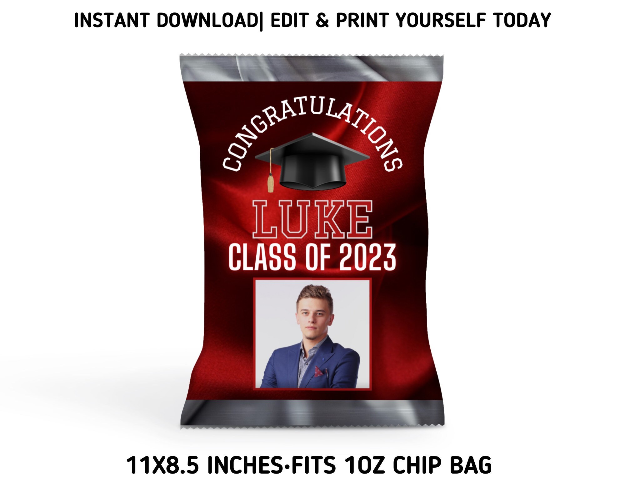 Red Grad Party Template Bundle, Class of 2023 Chip Bag & Water Bottle