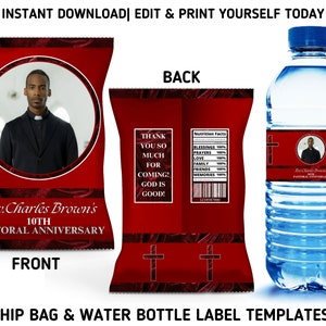 Plantillas de etiquetas para botellas de agua y bolsas con chips de aniversario pastoral, recuerdos de fiesta de aniversario pastoral rojos imprimibles