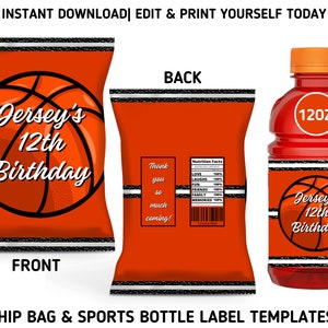 Orange Basketball Birthday Chip Bag & Sports Bottle Label Templates, Printable Basketball Theme Birthday Party Favors
