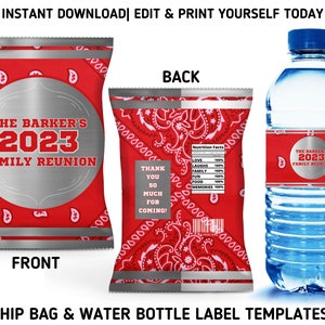 Red And Silver Family Reunion Chip Bag & Water Bottle Label Templates, Family Reunion Printable Party Favors